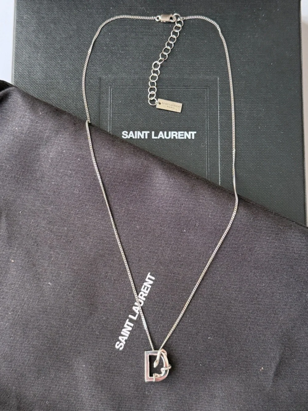 Saint Laurent YSL Sterling Silver D Initial Letter Snake Pendant Chain Necklace